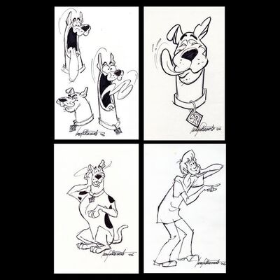 Lot # 39: Set of Four Hand-Drawn and Signed Iwao Takamoto Scooby-Doo and Shaggy Sketches (Dated 2006)