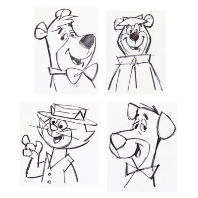 Lot # 43: Set of Four Hand-Drawn Iwao Takamoto Top Cat, Huckleberry Hound, Yogi, and Boo Boo Sketches (circa 2000s)