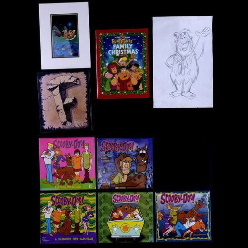 Lot # 44: Set of Five Scooby-Doo Calendars and Flintstones' Books, Cel, and Sketch