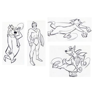 Lot # 48: Set of Four Hand-Drawn Iwao Takamoto Dynomutt, Tom Cat, Yogi Bear, and Zandor Sketches (circa 2000s)