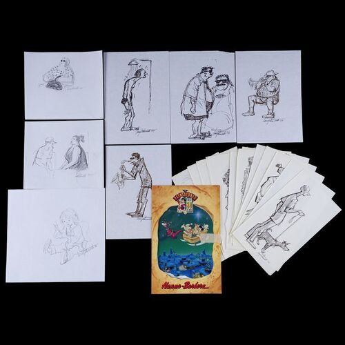 Lot # 52: Set of 23 Iwao Takamoto Hand-Drawn and Signed Personal Sketches (Dated 1988-2006) and Flintstones 30th Anniversary Hanna-Barbera Card