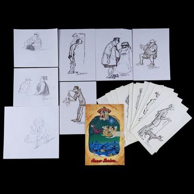 Lot # 52: Set of 23 Iwao Takamoto Hand-Drawn and Signed Personal Sketches (Dated 1988-2006) and Flintstones 30th Anniversary Hanna-Barbera Card