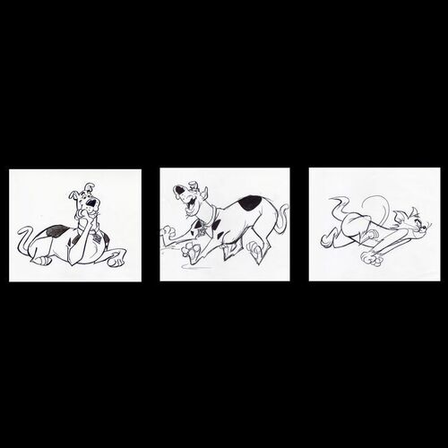 Lot # 56: Set of Three Hand-Drawn Iwao Takamoto Scooby-Doo and Tom Cat Sketches (circa 2000s)