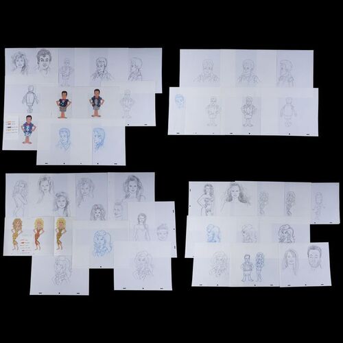 Lot # 57: Set of 34 Billy Joel and Christie Brinkley Hand-Drawn Sketches for the Flintstones Hollyrock-a-Bye Baby (1993) with Four Hand-Colored Photocopies