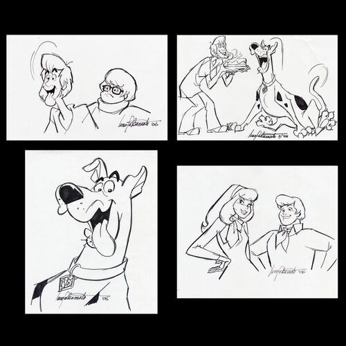 Lot # 58: Set of Four Hand-Drawn and Signed Iwao Takamoto Scooby-Doo, Shaggy, Velma, Daphne, and Fred Sketches (Dated 2003 and 2006)