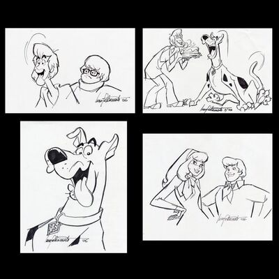 Lot # 58: Set of Four Hand-Drawn and Signed Iwao Takamoto Scooby-Doo, Shaggy, Velma, Daphne, and Fred Sketches (Dated 2003 and 2006)