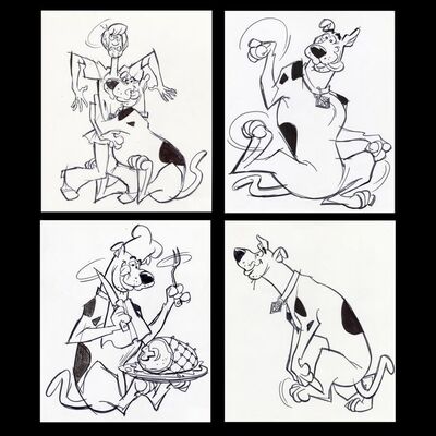 Lot # 59: Set of Four Hand-Drawn Iwao Takamoto Scooby-Doo and Shaggy Sketches (circa 2000s)