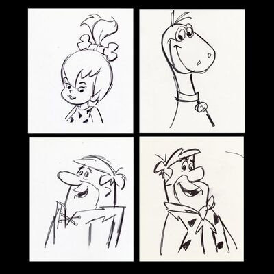 Lot # 66: Set of Four Hand-Drawn Iwao Takamoto Fred Flintstone, Barney, Dino, and Pebbles Sketches (circa 2000s)