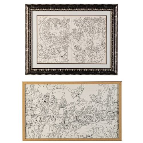 Lot # 67: Framed and Signed Pencil Photocopies of "The Golden Spike" and "Roller Coaster"