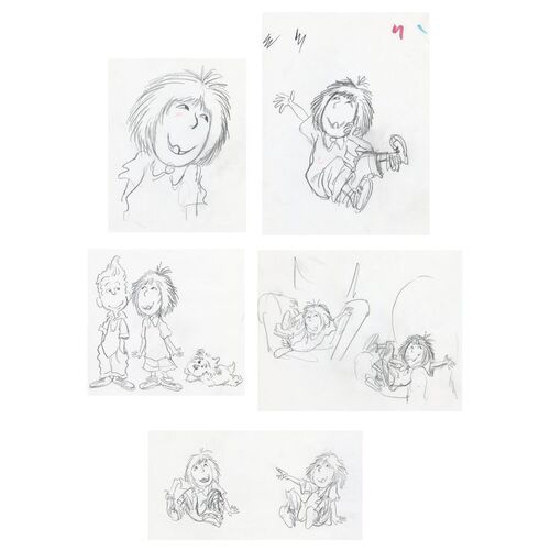 Lot # 74: Set of Five Edith Ann (as Portrayed by Lily Tomlin) Hand-Drawn Sketches