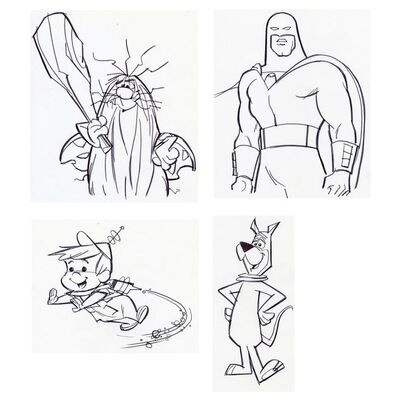 Lot # 76: Set of Four Hand-Drawn Iwao Takamoto Captain Caveman, Space Ghost, Elroy Jetson, and Astro Sketches (circa 2000s)