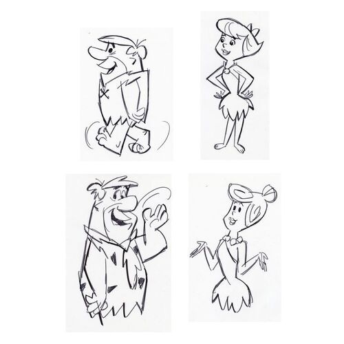 Lot # 81: Set of Four Hand-Drawn Iwao Takamoto Fred Flintstone, Wilma, Barney, and Betty Sketches (circa 2000s)