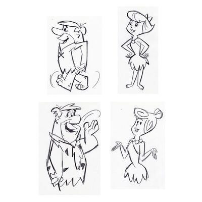 Lot # 81: Set of Four Hand-Drawn Iwao Takamoto Fred Flintstone, Wilma, Barney, and Betty Sketches (circa 2000s)