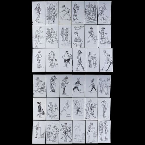 Lot # 82: Set of 36 Iwao Takamoto Hand-Drawn and Signed Personal Sketches (2002-2003)