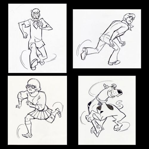Lot # 83: Set of Four Hand-Drawn Iwao Takamoto Scooby-Doo, Velma, Fred, and Shaggy Sketches (circa 2000s)