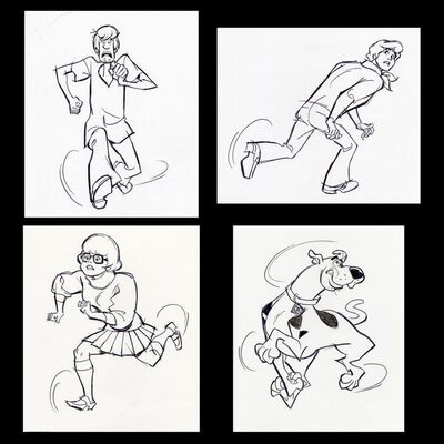 Lot # 83: Set of Four Hand-Drawn Iwao Takamoto Scooby-Doo, Velma, Fred, and Shaggy Sketches (circa 2000s)