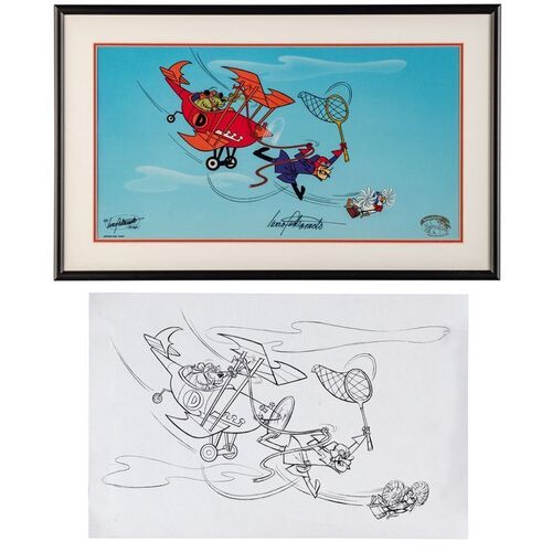 Lot # 85: Framed and Signed Dastardly and Muttley "Stop That Pigeon" Limited Edition Sericel #1001/2500 with Pencil Sketch Photocopy