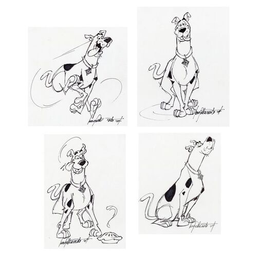 Lot # 88: Set of Four Hand-Drawn and Signed Iwao Takamoto Scooby-Doo Sketches (Dated 2004)