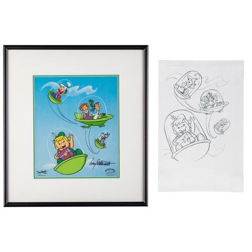 Lot # 90: Framed and Signed "Meet George Jetson" Limited Edition Sericel with Pencil Sketch Photocopy