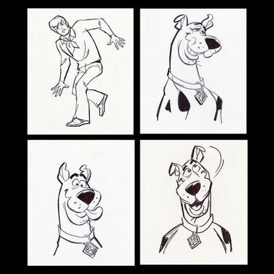 Lot # 91: Set of Four Hand-Drawn Iwao Takamoto Scooby-Doo and Fred Sketches (circa 2000s)