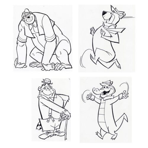 Lot # 94: Set of Four Hand-Drawn Iwao Takamoto Magilla Gorilla, Wally Gator, Yogi Bear, and Grape Ape Sketches (circa 2000s)