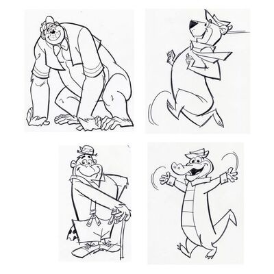 Lot # 94: Set of Four Hand-Drawn Iwao Takamoto Magilla Gorilla, Wally Gator, Yogi Bear, and Grape Ape Sketches (circa 2000s)