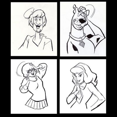 Lot # 96: Set of Four Hand-Drawn Iwao Takamoto Scooby-Doo, Shaggy, Daphne, and Velma Sketches (circa 2000s)