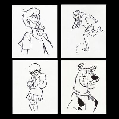 Lot # 101: Set of Four Hand-Drawn Iwao Takamoto Scooby-Doo, Velma, Daphne, and Shaggy Sketches (circa 2000s)