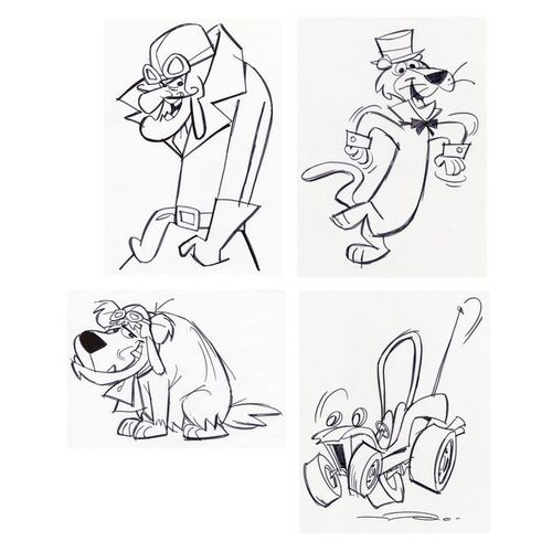 Lot # 103: Set of Four Hand-Drawn Iwao Takamoto Speed Buggy, Muttley, Snagglepuss, and Dastardly Sketches (circa 2000s)