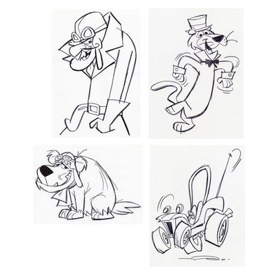 Lot # 103: Set of Four Hand-Drawn Iwao Takamoto Speed Buggy, Muttley, Snagglepuss, and Dastardly Sketches (circa 2000s)