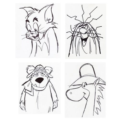 Lot # 111: Set of Four Hand-Drawn Iwao Takamoto Muttley, Quick Draw McGraw, Captain Caveman, and Tom Cat Sketches (circa 2000s)