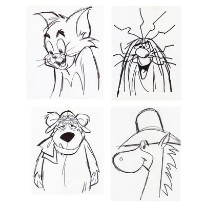 Lot # 111: Set of Four Hand-Drawn Iwao Takamoto Muttley, Quick Draw McGraw, Captain Caveman, and Tom Cat Sketches (circa 2000s)