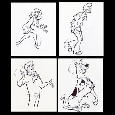 Lot # 113: Set of Four Hand-Drawn Iwao Takamoto Scooby-Doo, Daphne, Fred, and Shaggy Sketches (circa 2000s)