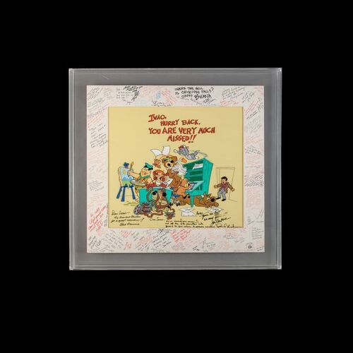 Lot # 115: Framed and Signed "Get Well Soon Iwao" Hanna-Barbera Hand-Painted Cel