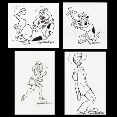Lot # 121: Set of Four Hand-Drawn and Signed Iwao Takamoto Scooby-Doo, Shaggy, and Daphne Sketches (Dated 2003)
