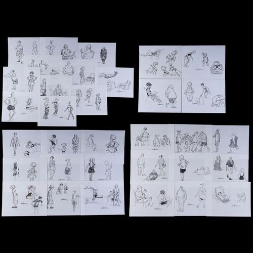 Lot # 122: Set of 33 Iwao Takamoto Hand-Drawn and Signed Personal Sketches (Dated 2002)