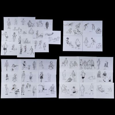 Lot # 122: Set of 33 Iwao Takamoto Hand-Drawn and Signed Personal Sketches (Dated 2002)
