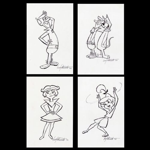 Lot # 123: Set of Four Hand-Drawn and Signed Iwao Takamoto Astro, George, Jane, and Judy Jetson Sketches (Dated 2006)