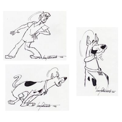 Lot # 131: Set of Three Hand-Drawn and Signed Iwao Takamoto Scooby-Doo and Shaggy Sketches (Dated 2006)