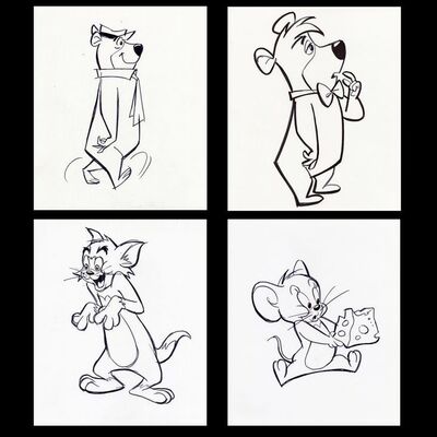 Lot # 133: Set of Four Hand-Drawn Iwao Takamoto Tom, Jerry, Yogi, and Boo Boo Sketches (circa 2000s)