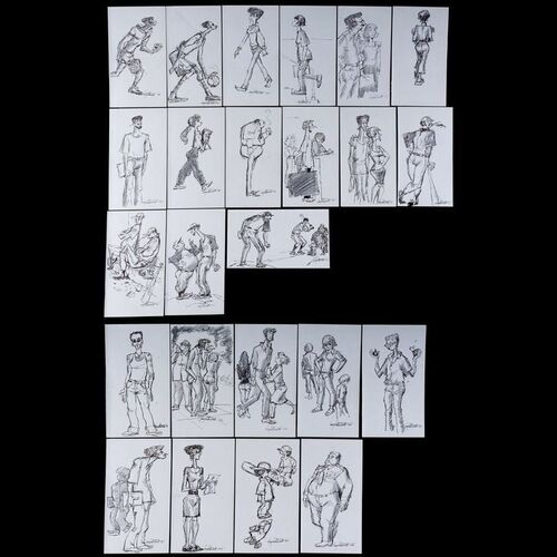 Lot # 134: Set of 24 Iwao Takamoto Hand-Drawn and Signed Studio and Sports Personal Sketches (Dated 2002)