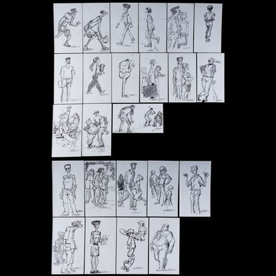 Lot # 134: Set of 24 Iwao Takamoto Hand-Drawn and Signed Studio and Sports Personal Sketches (Dated 2002)