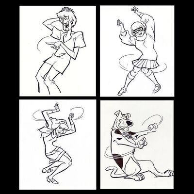 Lot # 136: Set of Four Hand-Drawn Iwao Takamoto Scooby-Doo, Shaggy, Daphne, and Velma Sketches (circa 2000s)