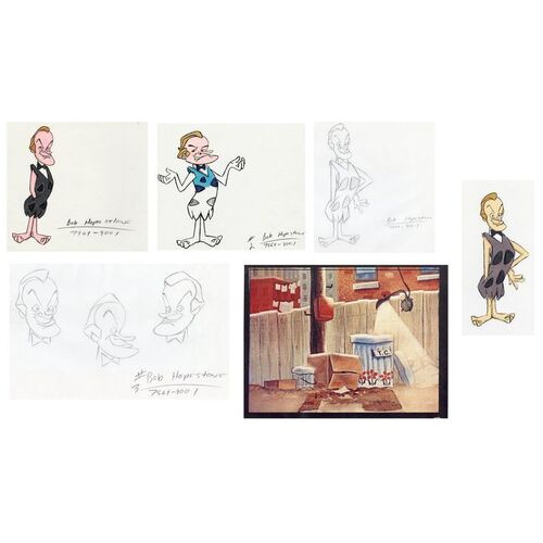 Lot # 137: Set of Two Hand-Drawn Sketches and 3 Hand-Colored Photocopies of Bob Hope in the Flintstones with Photocopy Background