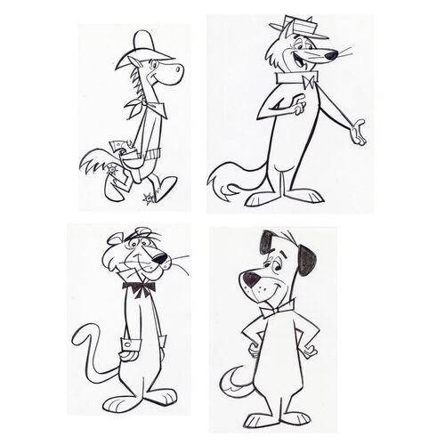 Lot # 138: Set of Four Hand-Drawn Iwao Takamoto Huckleberry Hound, Snagglepuss, Hokey Wolf, and Quick Draw McGraw Sketches (circa 2000s)