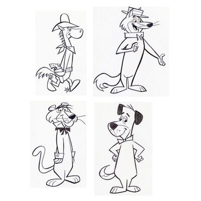 Lot # 138: Set of Four Hand-Drawn Iwao Takamoto Huckleberry Hound, Snagglepuss, Hokey Wolf, and Quick Draw McGraw Sketches (circa 2000s)