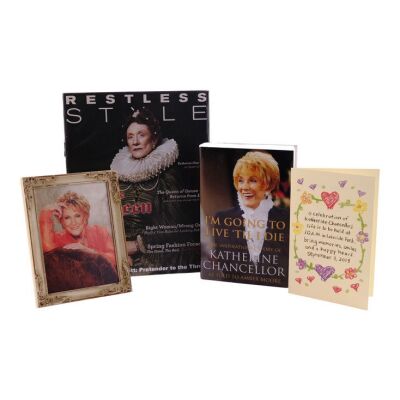 Lot #6: Katherine Chancellor's (as played by Jeanne Cooper) Memorial Program, Framed Photo, Memoir Book Cover, and Restless Style Magazine Cover