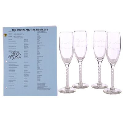 Lot #22: Set of Four Lily Winters (as played by Christel Khalil) and Ethan "Cane" Ashby (as played by Daniel Goddard) Wedding Flutes with Christel Khalil-Signed Episode 9,843 Script