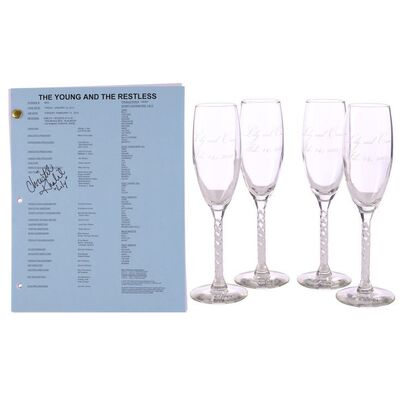 Lot #22: Set of Four Lily Winters (as played by Christel Khalil) and Ethan "Cane" Ashby (as played by Daniel Goddard) Wedding Flutes with Christel Khalil-Signed Episode 9,843 Script