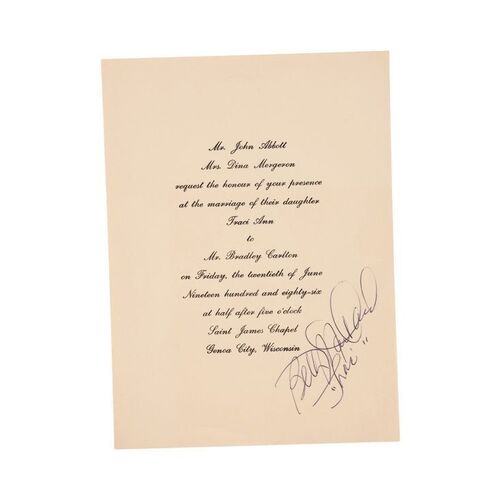 Lot #25: Traci Abbott (as played by Beth Maitland) and Brad Carlton's (as played by Don Diamont) Signed Wedding Invitation
